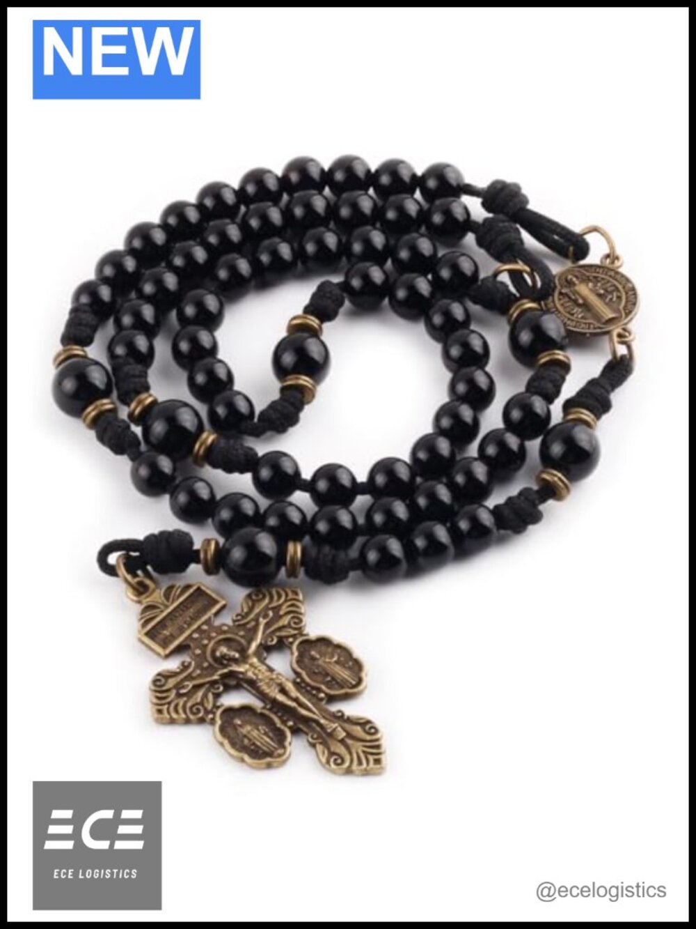 Handmade Paracord Rosary Necklace with Onyx Stone Beads & Antique Bronze Cross
